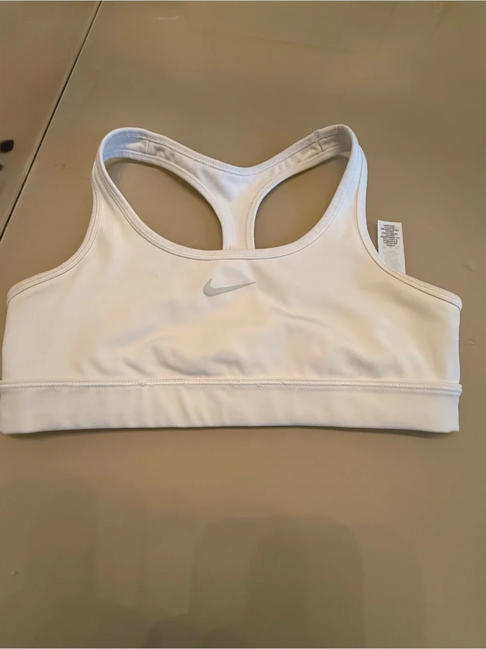 Nike White Racerback Girls' Sports Bra with Silver Swoosh